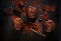 Chocolate muffin on dark background. Top view. Flat lay Royalty Free Stock Photo