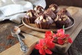 Chocolate muffin and flowering Japanese quince