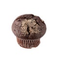 Chocolate muffin with growing mold. Spoiled cupcake closeup isolated on white background. Mouldy unhealthy pastry