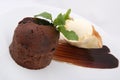 appetizing chocolate muffin and ice cream ball. beautifully served on a white plate. Royalty Free Stock Photo