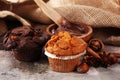 Chocolate muffin and nut muffin, homemade bakery on grey background