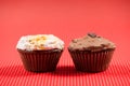 Chocolate muffin and one vanilla cupcake isolated on red background Royalty Free Stock Photo