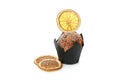 Chocolate muffin with orange slice isolated on white background Royalty Free Stock Photo