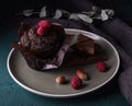 Chocolate muffin with raspberry dark cupcake nuts bake dessert