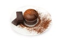 Chocolate muffin on a saucer in the cocoa powder Royalty Free Stock Photo