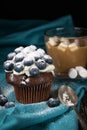 Chocolate muffin with soft cream and fresh blueberry powdered with sugar, cup of coffee with marshmallows, rustic background Royalty Free Stock Photo