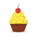 Chocolate muffin with yellow cream and cherry on the top. Sweet food, cupcake with frosting flat vector icon