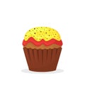 Chocolate muffin with yellow and red cream. Sweet food, cupcake with frosting flat vector icon