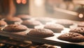 Chocolate muffins baking in the oven, homemade cakes, food recipe. Generative Ai Royalty Free Stock Photo