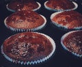 Chocolate muffins baking in the oven, homemade cakes recipe, food and cooking Royalty Free Stock Photo