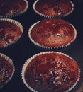 Chocolate muffins baking in the oven, homemade cakes recipe, food and cooking Royalty Free Stock Photo