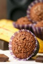 Chocolate muffins with banana and sugar crust close-up Royalty Free Stock Photo