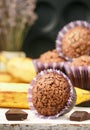 Chocolate muffins with banana and sugar crust Royalty Free Stock Photo