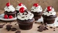 Cup cakes whipped cream delicious decorated chocolate sweet temptation Cupcakes with cherry cherries