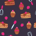 Chocolate muffins, pieces of cream cake and silicone kitchen spatula, whisk seamless pattern on dark blue background.