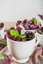 Chocolate mug cake with blackberry Royalty Free Stock Photo