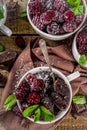 Chocolate mug cake with blackberry Royalty Free Stock Photo