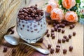 Chocolate multislake balls with milk in a glass. delicious sweet breakfast