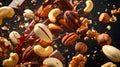 A chocolate-nut explosion in the air. Nuts are scattered everywhere and the chocolate is dripping down. The scene is chaotic and Royalty Free Stock Photo