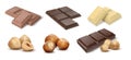 Chocolate with nuts. Cocoa dessert bars with hazelnuts, milk chocolate pieces and chunks with crumbs. Vector natural
