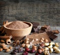 Chocolate nuts cocoa and ingredients Royalty Free Stock Photo