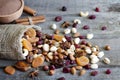 Chocolate nuts dried fruits and candy Royalty Free Stock Photo