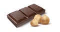 Chocolate with nuts. Realistic piece of cocoa dessert and hazelnuts, natural ingredients. Sweet snack, food product