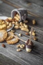 chocolate and nuts on wooden background