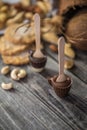 chocolate and nuts on wooden background