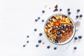 Chocolate oatmeal porridge with blueberry, nuts, banana, dried a Royalty Free Stock Photo