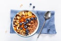 Chocolate oatmeal porridge with blueberry, nuts, banana, dried a Royalty Free Stock Photo