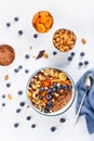 Chocolate oatmeal porridge with blueberry, nuts, banana, dried a Royalty Free Stock Photo