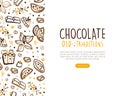 Chocolate Old Traditions Landing Page Template, Sweet Desserts Website Interface with Cocoa Beans and Sweets Seamless