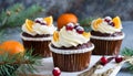 Chocolate orange Christmas cupcakes with cream cheese frosting with sugared cranberries, Generative AI