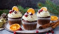 Chocolate orange Christmas cupcakes with cream cheese frosting with sugared cranberries, Generative AI