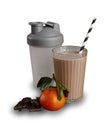 Chocolate orange milkshake,  ingredients and paper straw isolated on a white backdrop drop shadow Royalty Free Stock Photo