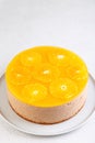 Chocolate-orange mousse cake with biscuit base, jelly and orange circles. Whole homemade cheesecake. Traditional holiday dessert. Royalty Free Stock Photo