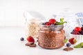 Chocolate Overnight Oatmeal, with chocolate sauce, nuts and fresh berries Royalty Free Stock Photo