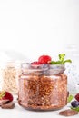 Chocolate Overnight Oatmeal, with chocolate sauce, nuts and fresh berries Royalty Free Stock Photo