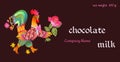 Chocolate packaging design. Vector template with beautiful cockerel and rose Royalty Free Stock Photo
