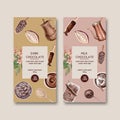 Chocolate packing design with ingredients branch cocoa, watercol