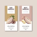 Chocolate packing design with ingredients branch cocoa, watercolor illustration design
