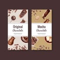 Chocolate packing design with ingredients branch cocoa, watercolor illustration design