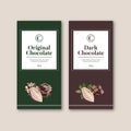 Chocolate packing design with ingredients branch cocoa, watercolor illustration design