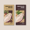 Chocolate packing design with ingredients branch cocoa, watercolor illustration design