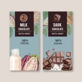 Chocolate packing design with ingredients branch cocoa, watercolor illustration design