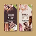 Chocolate packing design with ingredients branch cocoa, watercolor illustration design