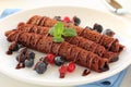 Chocolate pancakes with blueberries. Royalty Free Stock Photo