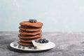 Chocolate Pancakes with Blueberry on grey background, Homemade Dessert, Sweet Breakfast Royalty Free Stock Photo