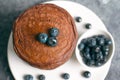 Chocolate Pancakes with Blueberry on grey background, Homemade Dessert, Sweet Breakfast Royalty Free Stock Photo